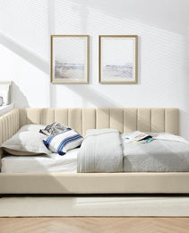 Full Size Upholstered Tufted Bed Frame, Sofa Bed Frame With Comfortable Backrest And Armrests, Full Size Bed For Bedroom, Living Room,Velvet-Beige 81x60x29.5