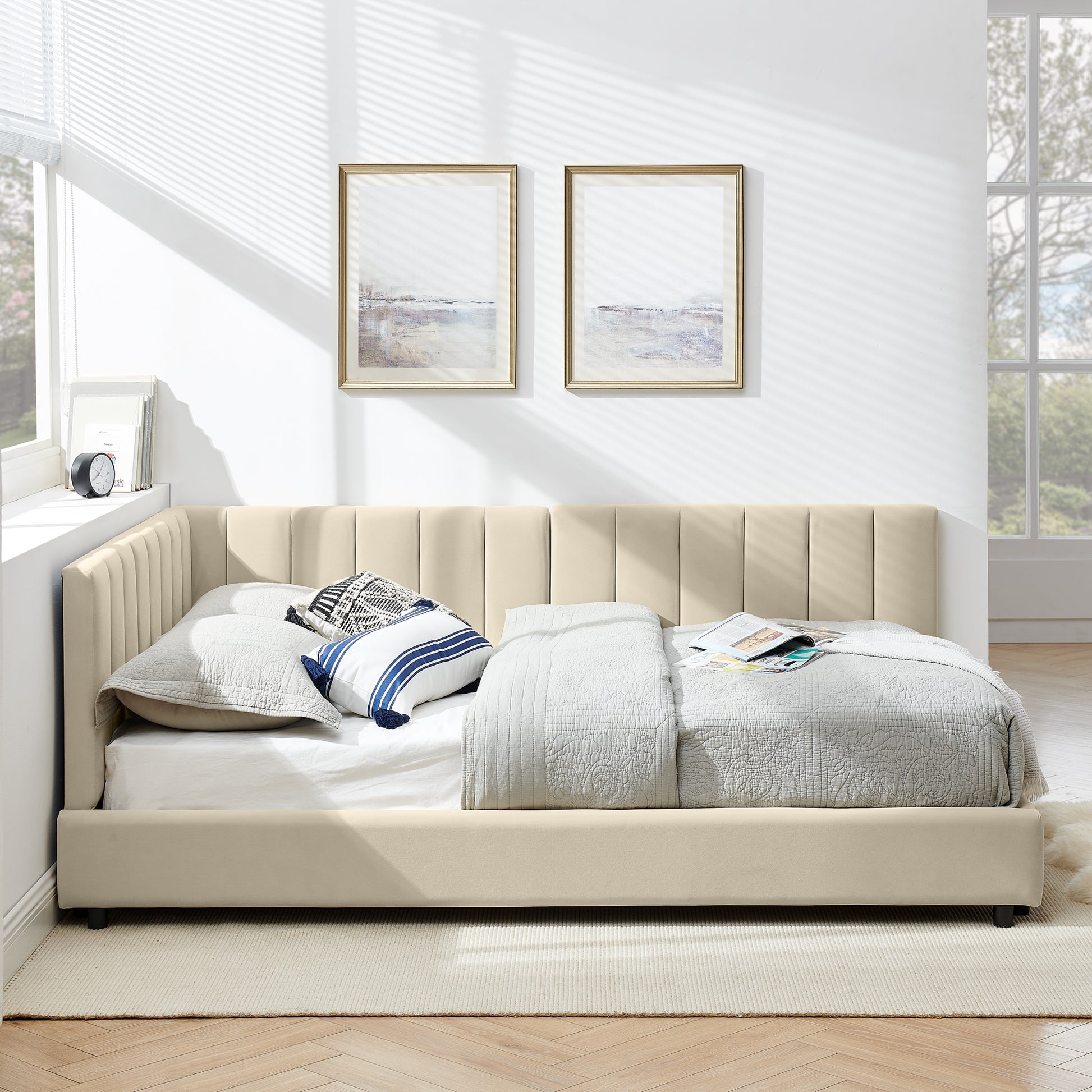 Full Size Upholstered Tufted Bed Frame, Sofa Bed Frame With Comfortable Backrest And Armrests, Full Size Bed For Bedroom, Living Room,Velvet-Beige 81x60x29.5