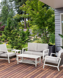 Aluminum Patio Furniture Set, 5 Piece Modern Outdoor Conversation Set with Loveseat Sofa, Chairs, Cushions, Coffee Table & Side Table, Gray