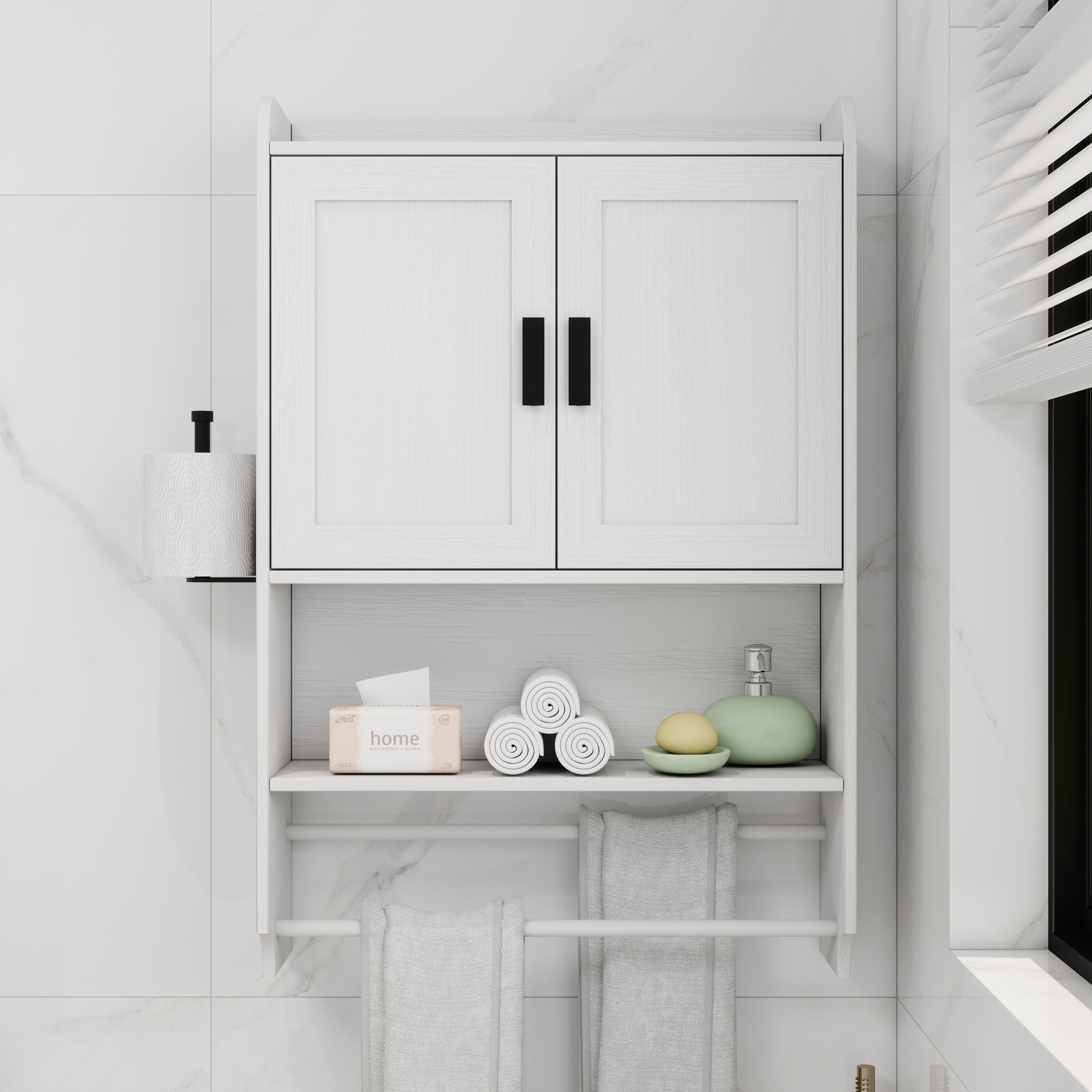 Bathroom Wall Cabinet With Doors,Adjustable Shelf,Towel Bar And Paper Holder, Over The Toilet Storage Cabinet, Medicine Cabinet For Bathroom-White