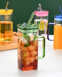 6 Pcs Glass Straw Cup, 6 Colors Square Glass Cup With Straw And Lid, High Borosilicate Glass Cup, Milk Cup, Juice Cup, Cold Drink Cup, Coffee Cup, Tea Cup, Office Cup, Gift Cup