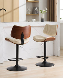 Walnut Bentwood Bar Stools Mid Century Modern Adjustable Counter Height Black Leather Upholstered 360 Swivel Bar Chairs For Kitchen Island Dining Room Cafe,Beige,Set Of 2