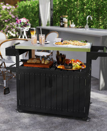 Outdoor Bar Cart with Storage, Stainless Steel Outdoor Bar Table Top, Wheeled HDPE Kitchen Island for Food Prep, Black