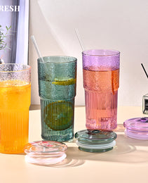 20 Oz 2-pack Glass Straw Cup With Vertical Pattern Cup And Lid, High Borosilicate Heat-resistant Glass Cup For Juice, Milk And Cold Drinks