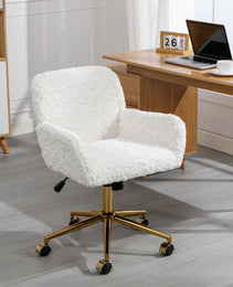 A&A Furniture Office Chair,Artificial Rabbit Hair Home Office Chair With Golden Metal Base,Adjustable Desk Chair Swivel Office Chair,Vanity Chair Beige