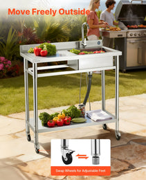 39.4" Rolling Stainless Steel Utility Sink – NSF-Certified Commercial Workstation with Wheels, Faucet & 3-Level Storage
