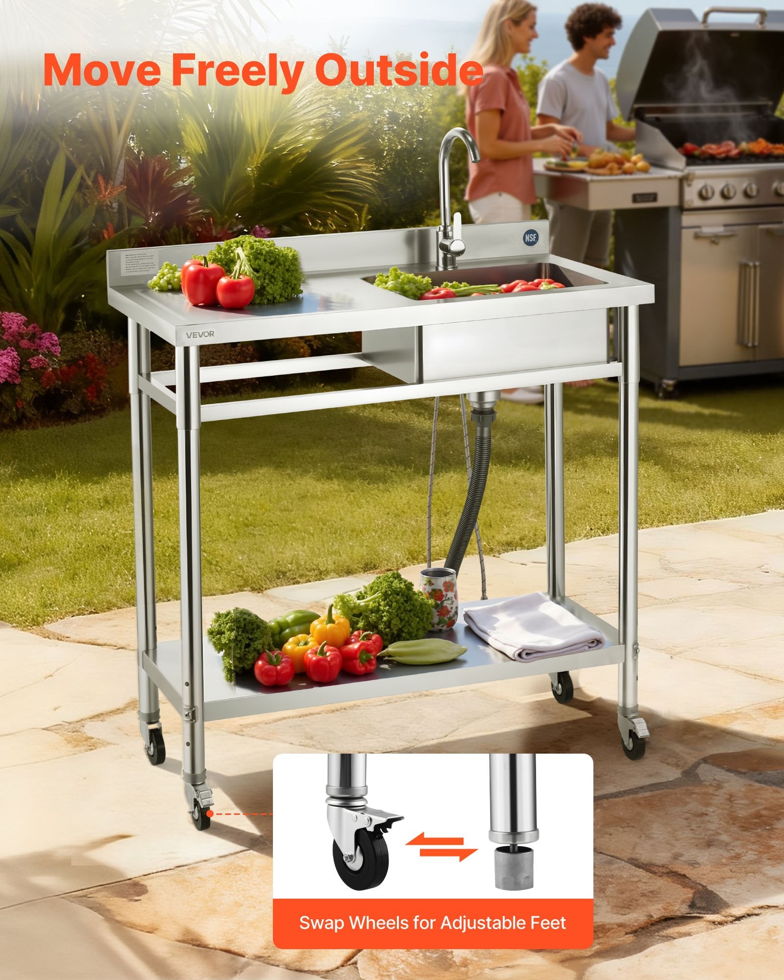 39.4" Rolling Stainless Steel Utility Sink – NSF-Certified Commercial Workstation with Wheels, Faucet & 3-Level Storage