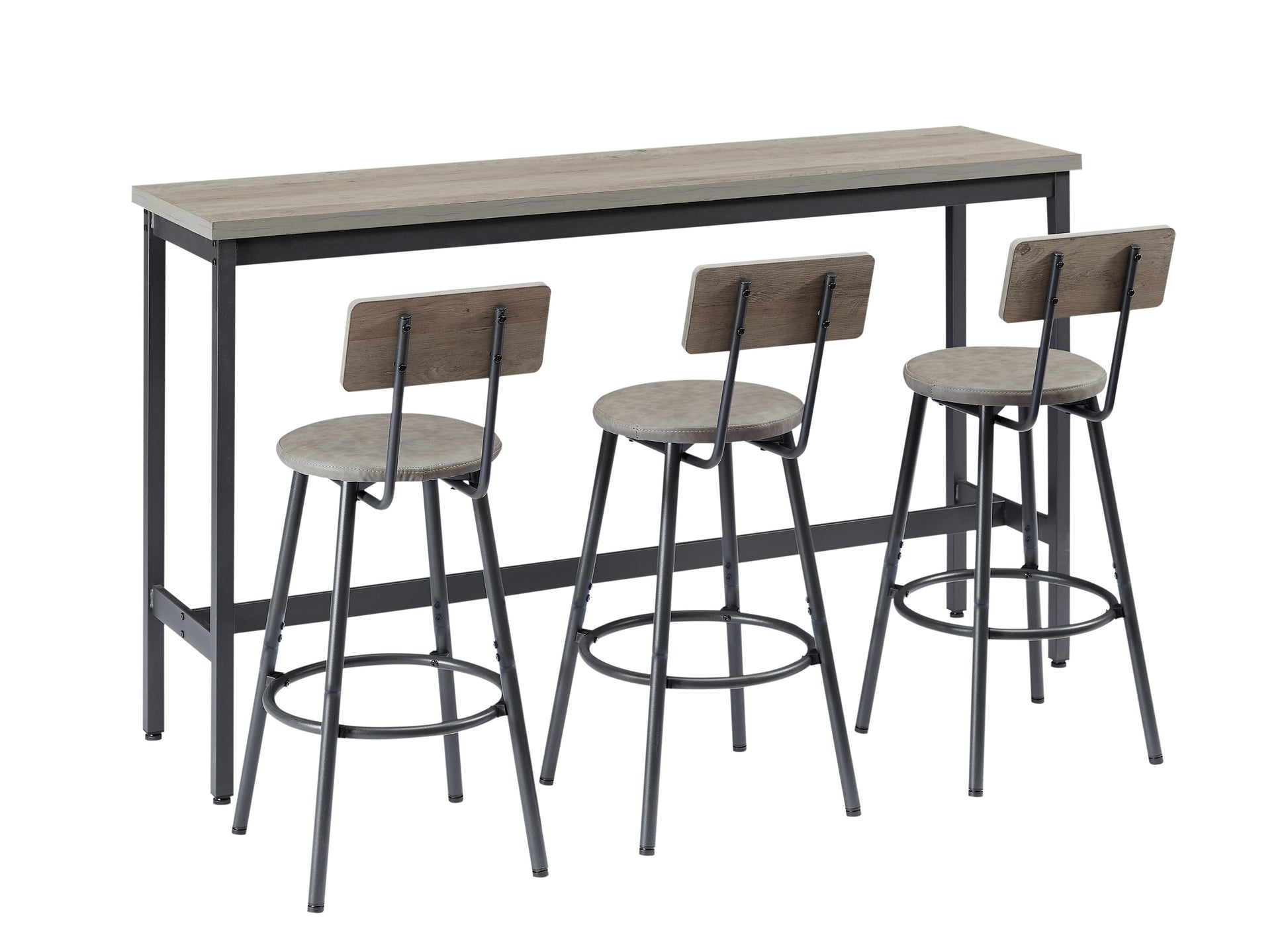 Long Bar Table Set With 3 PU Upholstered Bar Stools, Industrial Bar Table And Chairs For Kitchen Breakfast Table, Living Room, Banquet Hall, Rustic Gray And Black, 63inL X15.7 W X 37.5 H