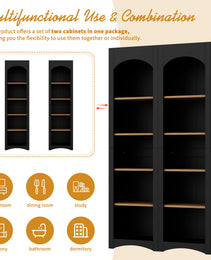 ON-TREND Free Standing 5 Tier Bookshelves, Bookcases Set Of 2, Farmhouse Two-Tone Storage Cabinet With Adjustable Shelves, Modern 72H Kitchen Pantry Cabinet For Living Room, Home Office, Black