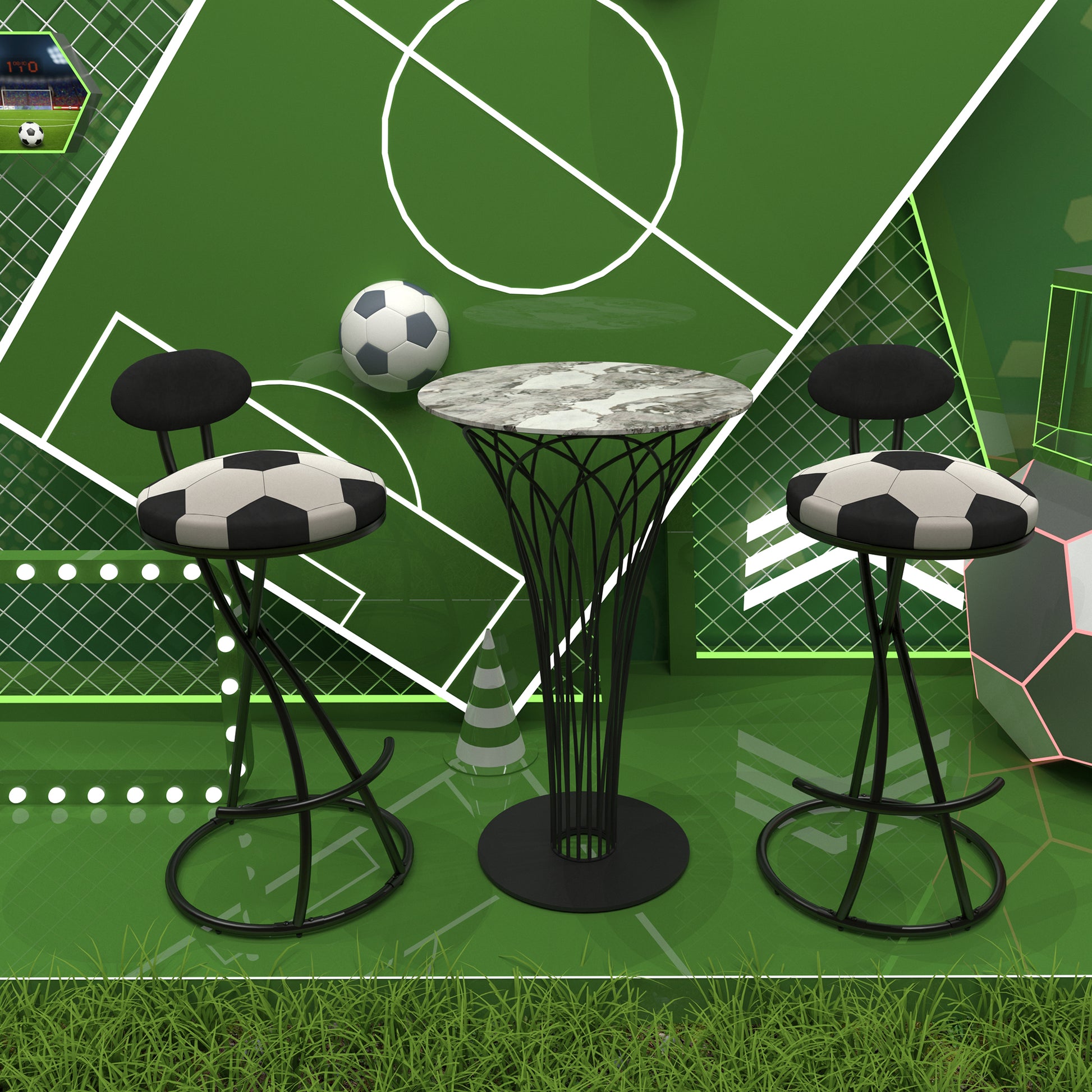 Upholstered S-shaped Barstools Set Of 2 Velvet Counter Bar Stools Football Print Round Dining Stool For Kitchen & Living Room Black Frame  Black Back