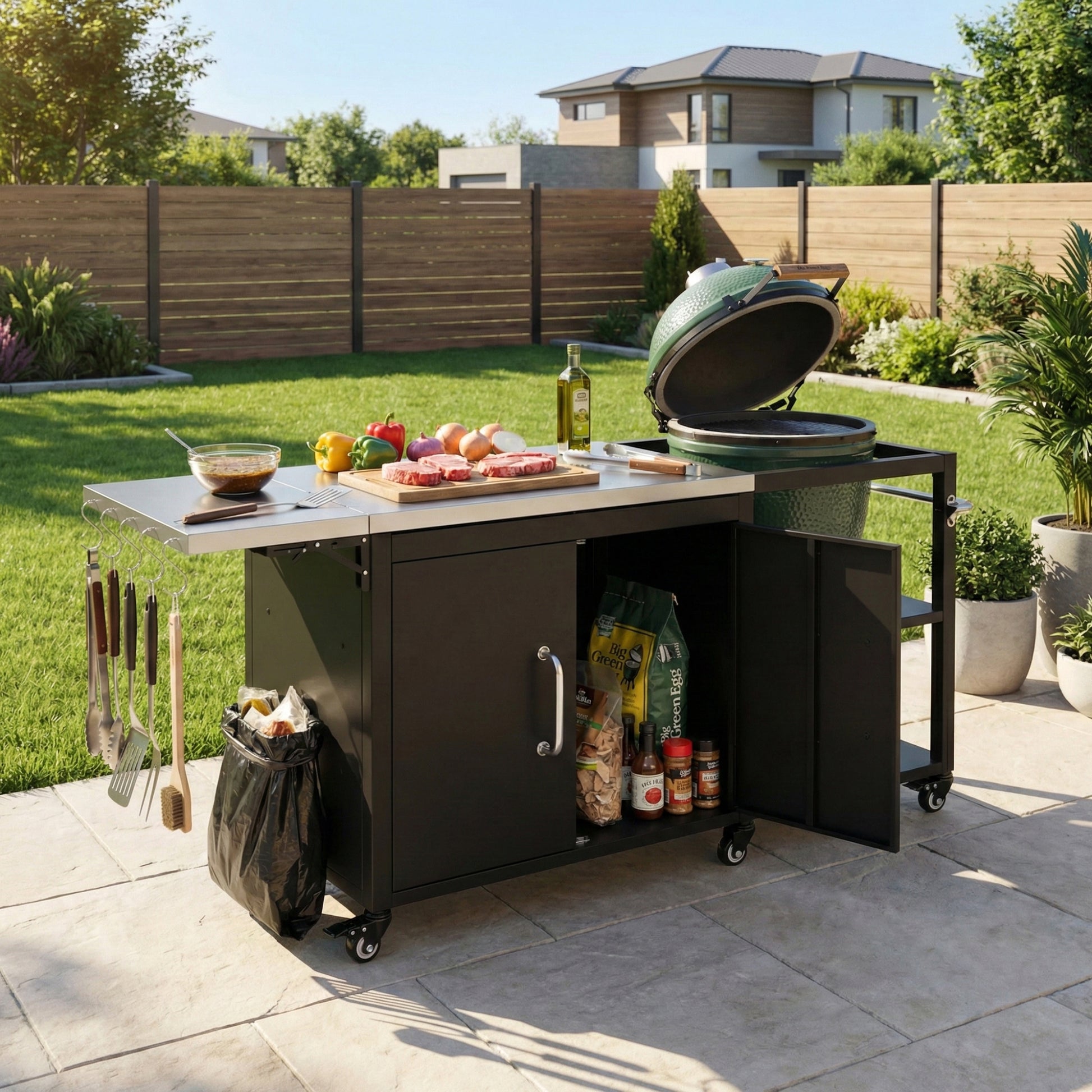 K&K 76.6  Outdoor Large Grill Cart With Storage Cabinet, Outdoor Kitchen Island With Steel Drop Leaf For Large Big Green Egg, Outdoor Grill Table With Adjustable Shelf & Hooks & Bottle Opener For BBQ