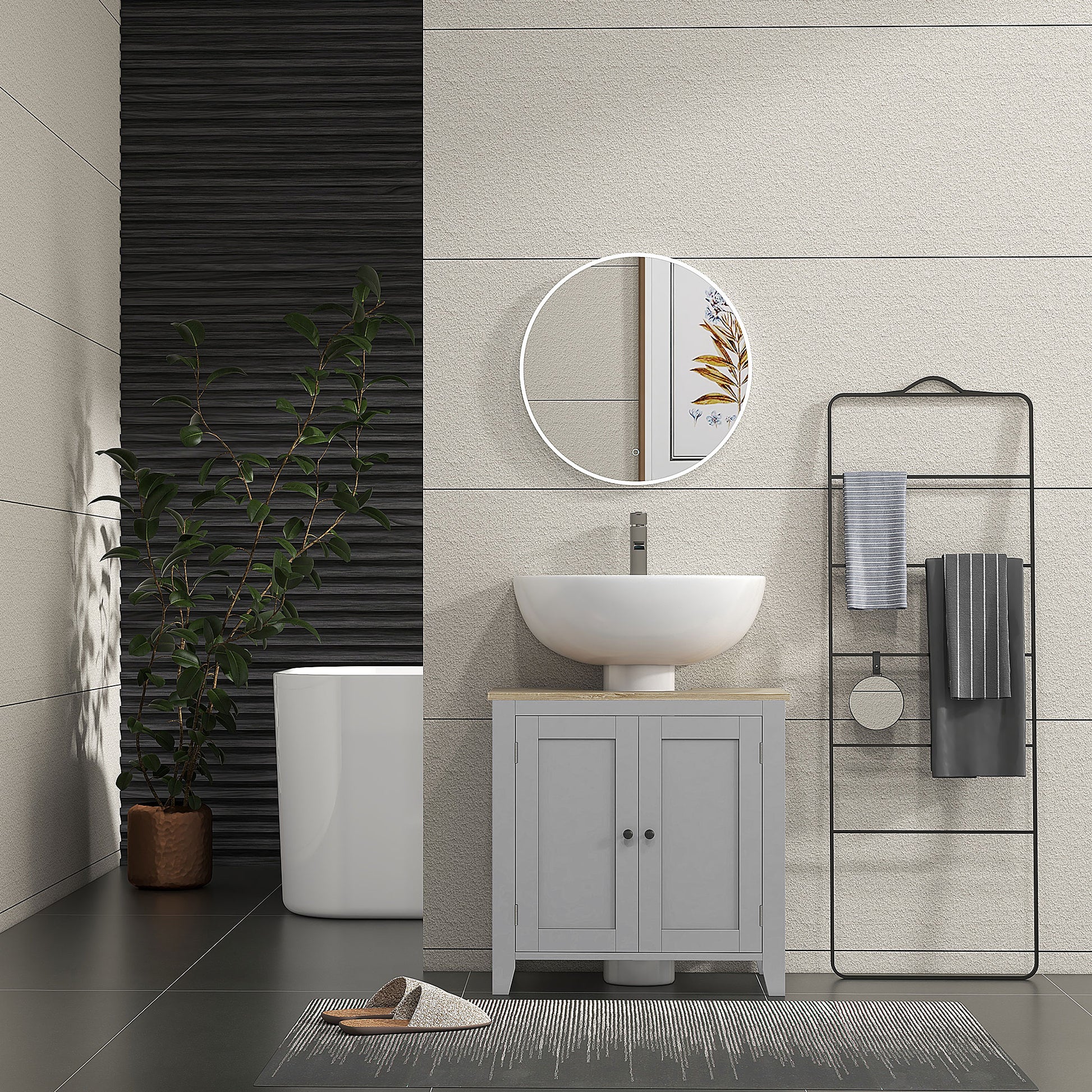 Bathroom Vanities, Pedestal Sink Cabinet with U-Shaped Cut-out and Adjustable Shelf, Gray