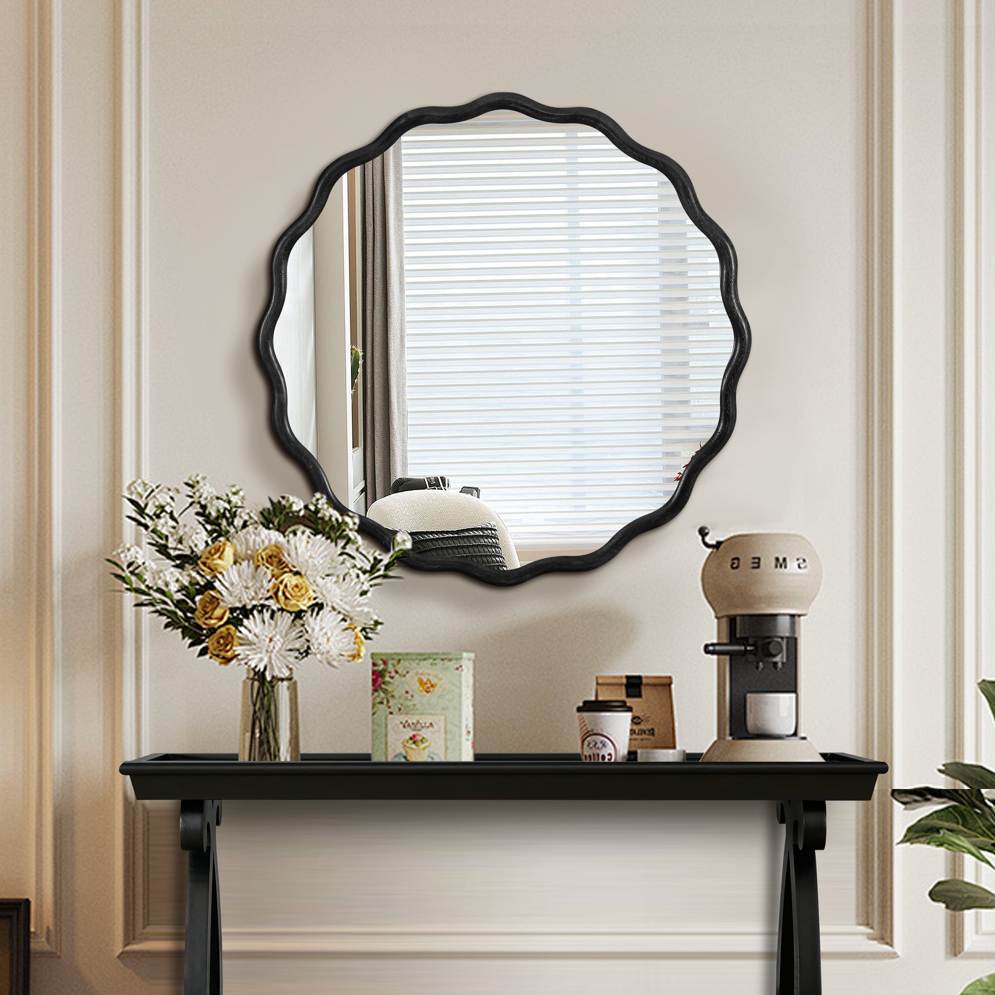 Solid Wood Wavy Mirror-Black Mirror Wall Decor 31 X 31 Modern Mirror Wall Decor For Bathroom, Bedroom, Living Room, Dining Room, Cloakroom, Entryway