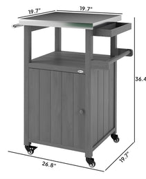 Outdoor Grill Cart with Stainless Steel Top, Solid Wood Outdoor Kitchen Island with Wheels, Integrated Hole, Dark Gray
