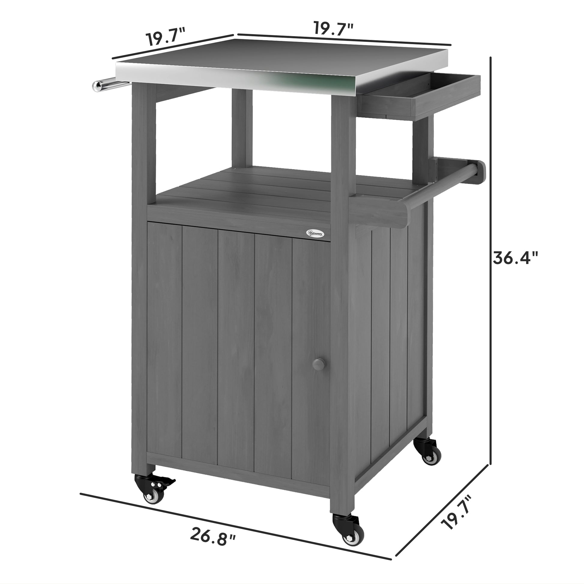 Outdoor Grill Cart with Stainless Steel Top, Solid Wood Outdoor Kitchen Island with Wheels, Integrated Hole, Dark Gray