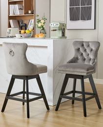 Swivel Velvet Barstools With Button Tufted Decoration And Wooden Legs, And Chrome Nailhead Trim, Leisure Style Bar Chairs,Bar Stools, Set Of 2 Gray,SW1860GY