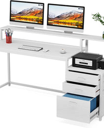63 Inch Computer Desk With File Drawer Cabinet, Ergonomic Office Desk With Monitor Stand, Computer Table With Printer Space, Wood PC Table Workstation Desk