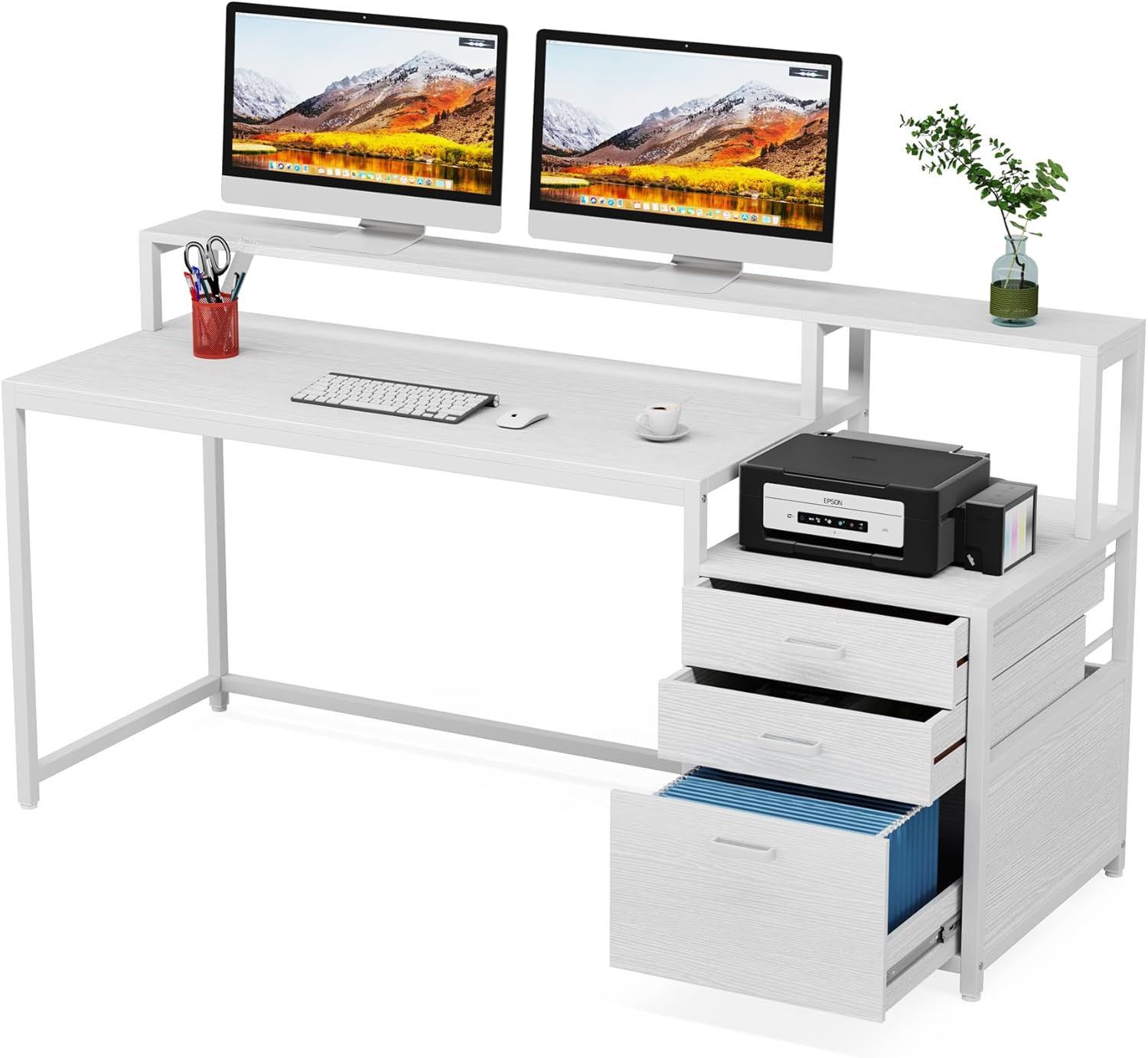 63 Inch Computer Desk With File Drawer Cabinet, Ergonomic Office Desk With Monitor Stand, Computer Table With Printer Space, Wood PC Table Workstation Desk