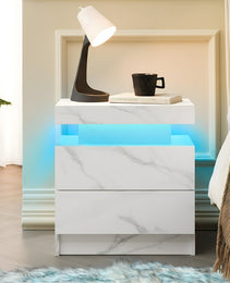 Nightstand LED Bedside Table Cabinet Lights Modern End Side With 2 Drawers For Bedroom  White Stone