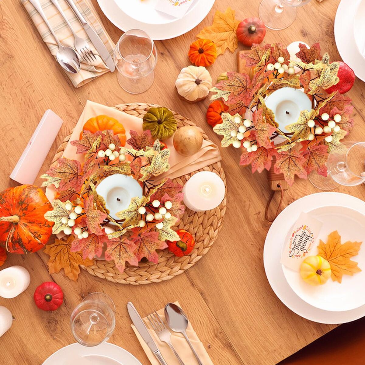 2 Pcs 9.8 Inch Fall Candle Rings Wreaths Candlestick Decorative Rattan Garland Maple Leaf Berries Sunflowers Candle Rings Autumn Wedding Parties Centerpieces - CJDS - FC