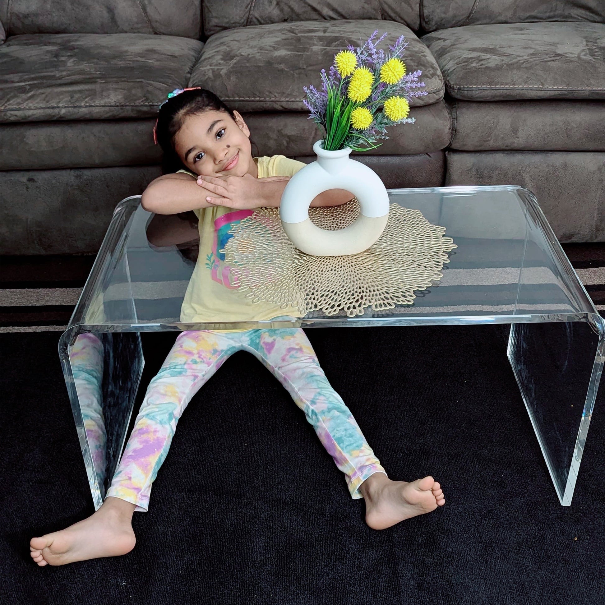 32  Clear Acrylic Coffee Table, 0.5In Thick C-Shape Waterfall End Coffee Table, Multipurpose Lucite Tea Table For Living Room