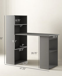 Compact Computer Desk with 6-Tier Storage Shelves, Writing Table Workstation with Bookshelf for Home Office, Gray