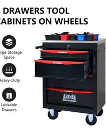 4 Drawers Multifunctional Tool Cart With Wheels,Metal Rolling Tool Cart Storage For Garage Workshop Warehouse Repair Shop--With Stainless Steel Roof- BLACK RED