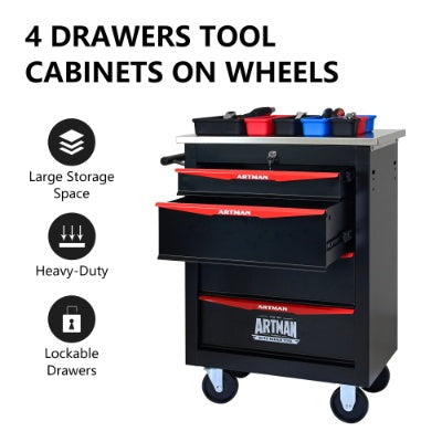 4 Drawers Multifunctional Tool Cart With Wheels,Metal Rolling Tool Cart Storage For Garage Workshop Warehouse Repair Shop--With Stainless Steel Roof- BLACK RED