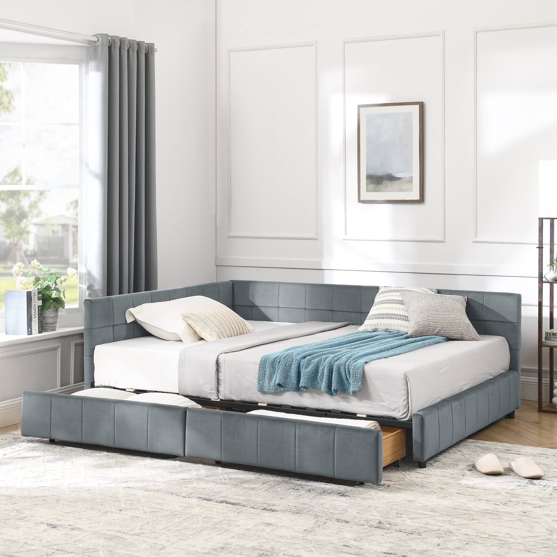 Full Size Storage Upholstered Tufted Bed Frame, Sofa Bed Frame With Comfortable Backrest And Armrests, Full Size Bed For Bedroom, Living Room,Velvet, GREY 80.5x59x29.5