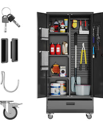 Broom Closet Storage Cabinet With Wheels And Drawer,Garage Storage Cabinet With Magnetic Doors,Pegboard And Adjustable Shelves For Garage Home Office,Required Assembly,Black
