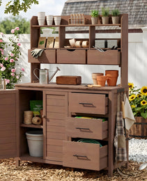 With Assembly Video  TOPMAx Farmhouse Patio Potting Bench  44.6 X19.5  Large Freestanding Garden Workstation With 6 Drawers  Bottom Cabinet And Side Hook  Outdoor Kitchen Island  Brown