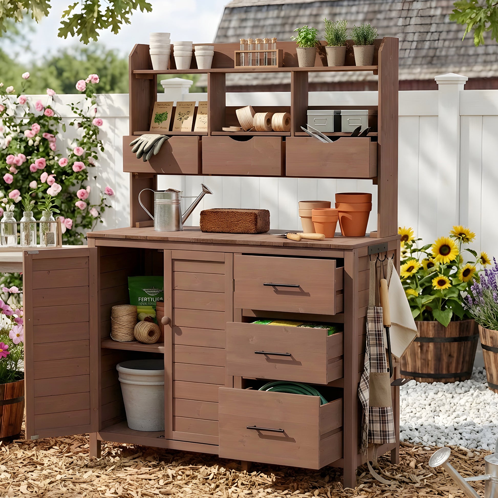 With Assembly Video  TOPMAx Farmhouse Patio Potting Bench  44.6 X19.5  Large Freestanding Garden Workstation With 6 Drawers  Bottom Cabinet And Side Hook  Outdoor Kitchen Island  Brown