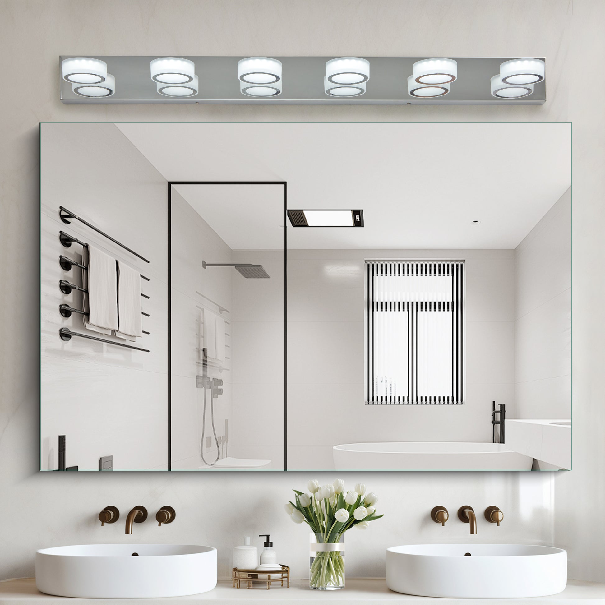 45 Modern 6-Light LED Vanity Light, Sleek Chrome Bathroom Wall Light Fixture For Mirror, Shower, And Bathroom Decor
