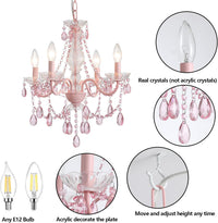 Plug in Crystal Pink Chandelier, Not Acrylic Crystal,Mini 4 Lights for Girls Room,Pink Crystals Hanging Pendant Light with Clear Cord and On/Off, Chandelier for Wedding, Kitchen, Dining,Foyer,Island