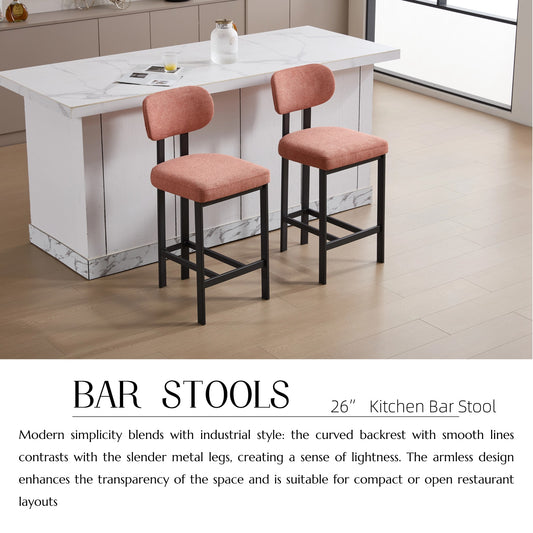 Bar Stools Set Of 2, 26 Inch Modern Upholstered Fabric Counter Height Barstools, Kitchen Island Chairs With Black Metal Legs For Dining Room Kitchen Island Bar