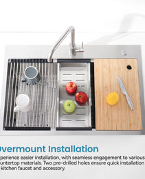 Stainless Steel Kitchen Sink,Single Bowl, Overmount Handmade Sink In Brushed, With Cutting Board, Colander, Grid, LS-SSBR01