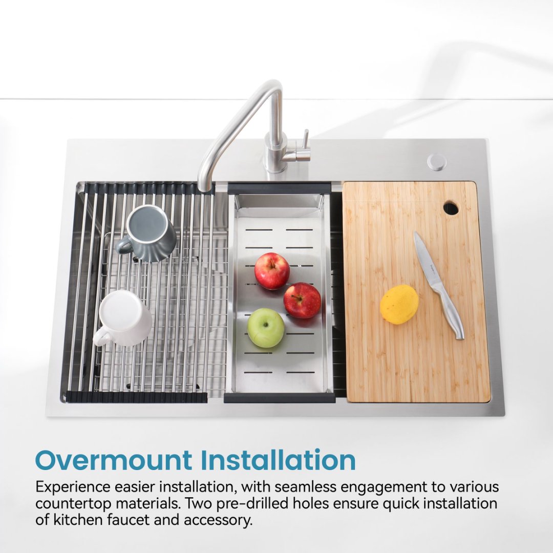 Stainless Steel Kitchen Sink,Single Bowl, Overmount Handmade Sink In Brushed, With Cutting Board, Colander, Grid, LS-SSBR01