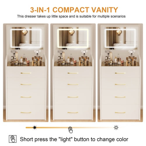 3 In 1 Vanity Desk With Open Top Mirror,Small Make Up Vanity Set With Visible Glass Desktop,Compact Makeup Vanity With 3 Drawers,Dressing Table For Bedroom - CJDS