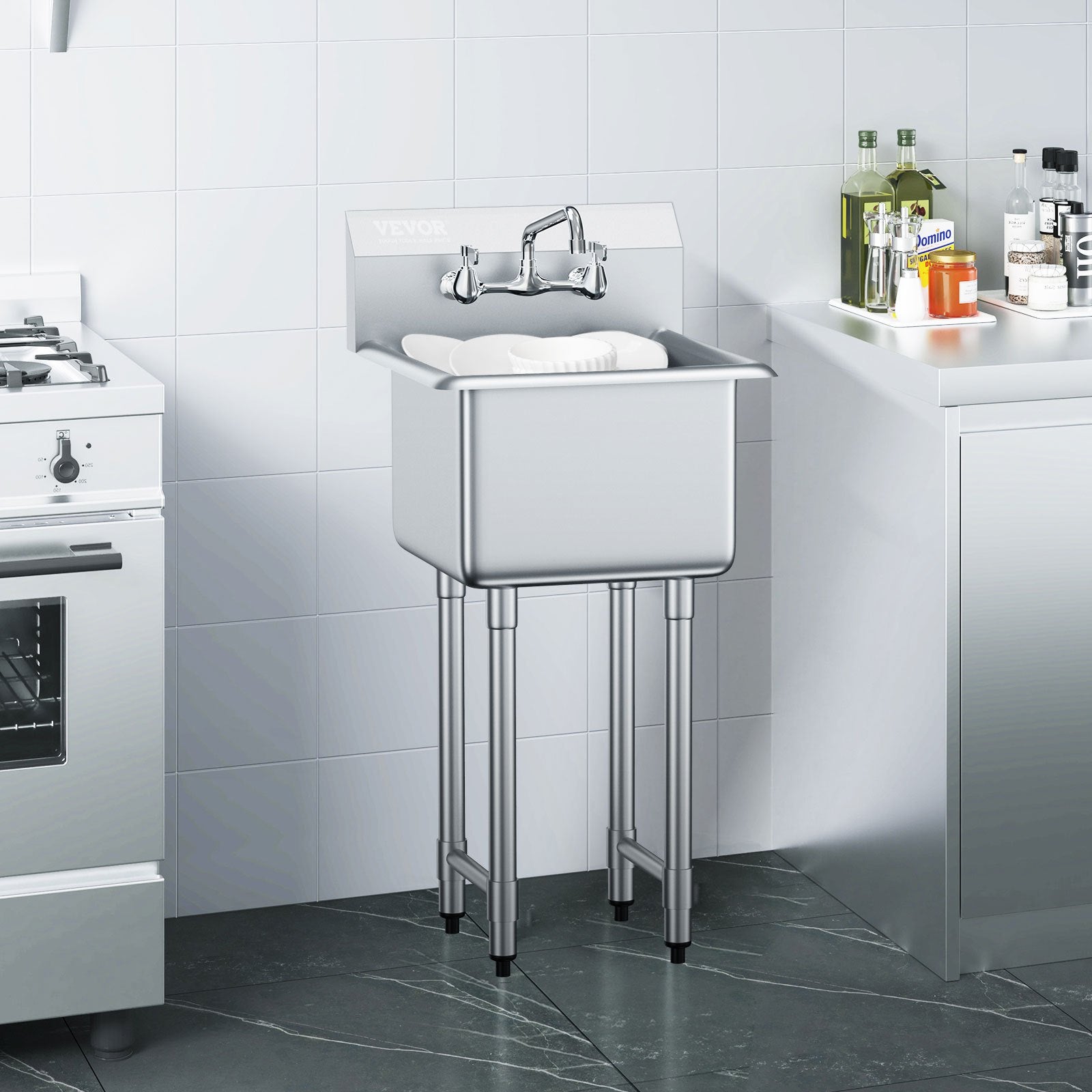 Stainless Steel Prep & Utility Sink – Commercial Single Bowl Free-Standing Station with Faucet & Adjustable Legs