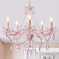 Plug in Crystal Pink Chandelier, Not Acrylic Crystal,Mini 4 Lights for Girls Room,Pink Crystals Hanging Pendant Light with Clear Cord and On/Off, Chandelier for Wedding, Kitchen, Dining,Foyer,Island