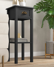 2-Tier Side Tables Set of 2 with Drawer and Shelf, 2 Pieces End Tables for Living Room and Hallway, Black