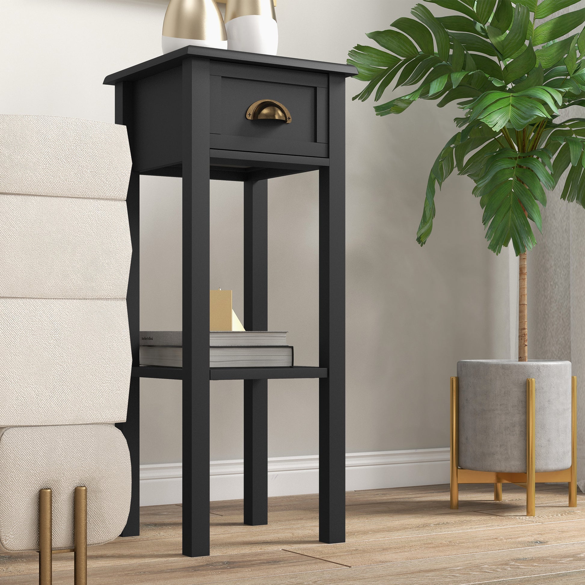 2-Tier Side Tables Set of 2 with Drawer and Shelf, 2 Pieces End Tables for Living Room and Hallway, Black