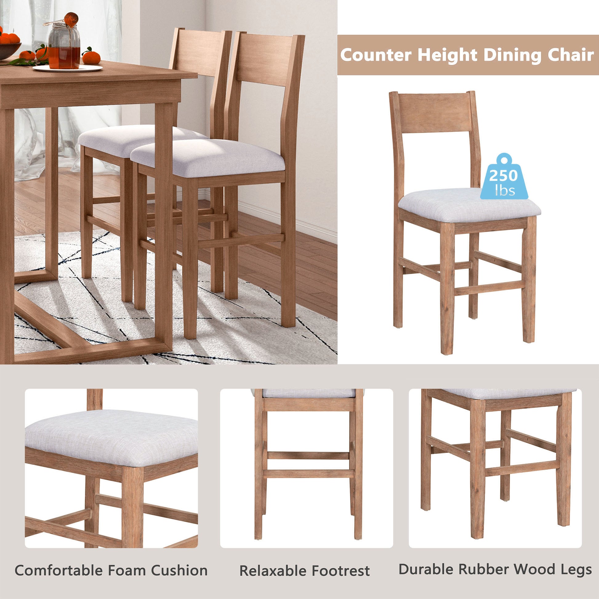 TOPMAX Farmhouse Counter Height 5-Piece Dining Table Set With 1 Rectangular Dining Table And 4 Dining Chairs For Small Places,Brown  Old