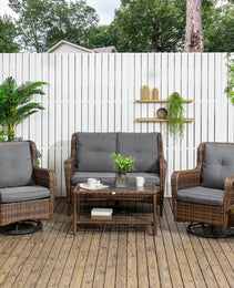 4 Piece PE Rattan Outdoor Patio Furniture Set, Wicker Conversation Set with 2 Swivel Glider Chairs, 2-Tier Glass Table and Loveseat for Garden, Patio, Poolside, Gray