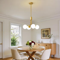 Gold Sputnik Ceiling Light, 4-Light Modern Chandelier with Adjustable Height,Globe Pendant Ceiling Light with Milk Glass Shades, Mid Century Hanging Light Fixture for Living Room Bedroom Foyer