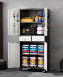 Aobabo Metal Storage Cabinet With Locking Doors And Pegboards, Steel Rolling Tool Storage Cabinet With 2 Drawer And 2 Adjustable Shelves For Garage, Kitchen, Office, Assembly Required, Black Grey