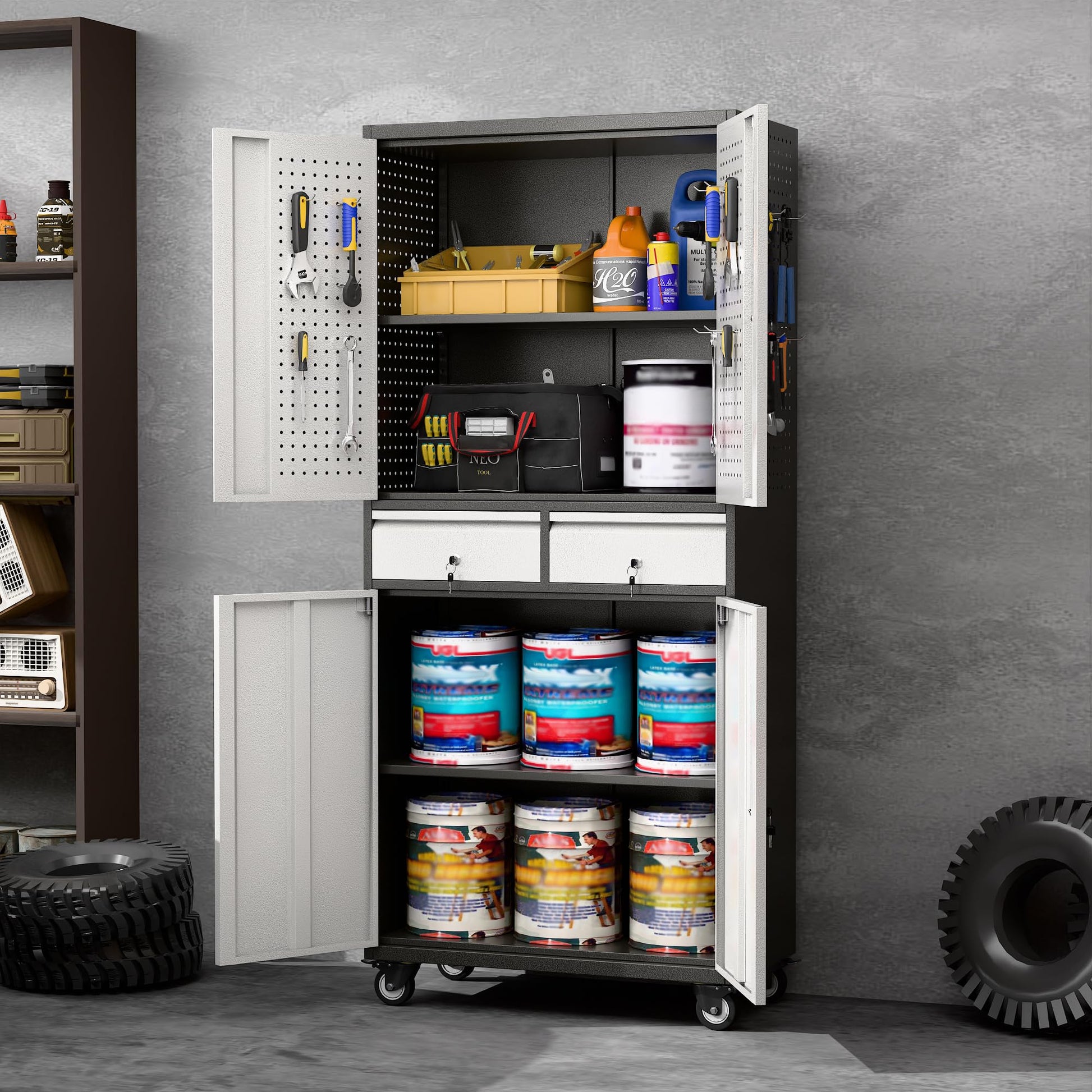 Aobabo Metal Storage Cabinet With Locking Doors And Pegboards, Steel Rolling Tool Storage Cabinet With 2 Drawer And 2 Adjustable Shelves For Garage, Kitchen, Office, Assembly Required, Black Grey
