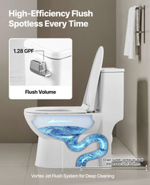 One-Piece Round Toilet – 1.28 GPF Efficient Flush, Compact Skirted Design, Easy-Clean Glazed Ceramic Bathroom Toilet