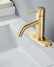 Universal 1 & 3-Hole Bathroom Faucet, ADA Compliant With 6.57 High Waterfall Spout In Brushed Gold Stainless Steel