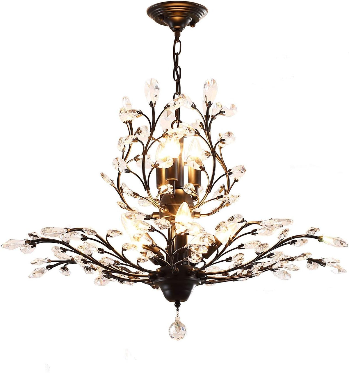 8-Light Black Crystal Chandelier, Vintage Pendant Light Fixture